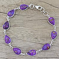 Sterling silver link bracelet, 'Purple Cascade' - Sterling Silver and Purple Composite Turquoise Link Bracelet
