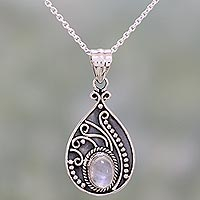 Rainbow moonstone pendant necklace, 'Raindrop Glow' - Rainbow Moonstone and Sterling Silver Pendant Necklace