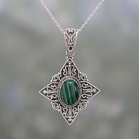 Malachite pendant necklace, 'Green Starlight' - Malachite and Sterling Silver Pendant Necklace from India