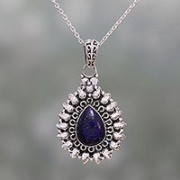Lapis lazuli pendant necklace, 'Corona Drop' - Lapis Lazuli and Sterling Silver Pendant Necklace from India