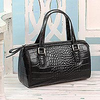 Leather baguette handbag Classic Ebony India