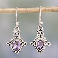 Amethyst dangle earrings, 'Dotted Delight' - Amethyst and Sterling Silver Teardrop Earrings from India