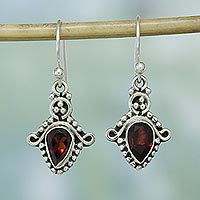 Garnet dangle earrings, 'Dotted Delight' - Garnet and Sterling Silver Teardrop Earrings from India