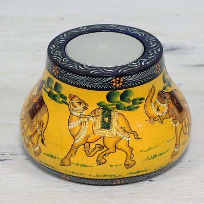 Wood tealight holder, Animal Journey in Yellow
