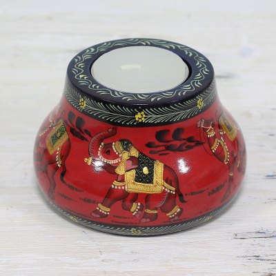 Wood tealight holder, Animal Journey in Red