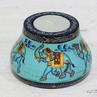 Wood tealight holder, Animal Journey in Blue