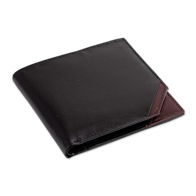 Men's leather wallet, 'Diagonal Black' - Handcrafted Black Men's Leather Wallet with Brown Trim
