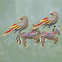 Ornaments, 'Animal Kingdom' (set of 4) - Zardozi Embroidered Animal Ornaments from India (Set of 4)