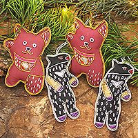 Cotton ornaments, 'Dancing Animals' (set of 4) - Cotton Bear and Cat Ornaments from India (Set of 4)