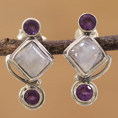 Rainbow moonstone and amethyst drop earrings, Lilac Spell