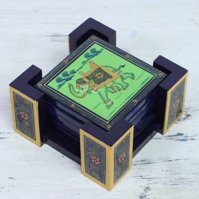 Wood coasters, Gajraj March in Green (set of 6)