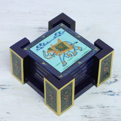 Wood coasters, Gajraj March in Blue (set of 6)