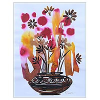 'Flower Wonder' - India Colorful Signed Ink Painting of Flowers in a Pot