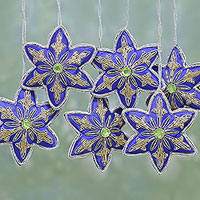 Beaded ornaments Lapis Stars set of 6 India