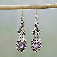 Amethyst dangle earrings, 'Droplet Dreams' - Sterling Silver and Teardrop Amethyst Earrings from India