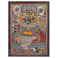 Madhubani painting, 'Vinayaka' - Signed Madhubani Painting of Hindu Ganesha from India