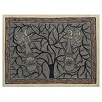 Madhubani painting, 'Peacocks In Love' - Madhubani Painting of a Tree with Birds in Black and White