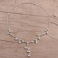 Quartz Y necklace, 'Sparkling Garland' - Quartz Garland in Sterling Silver Necklace from India
