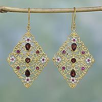 Gold plated garnet and rhodolite dangle earrings,