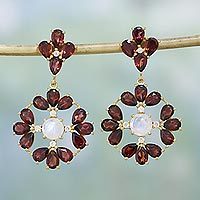 Garnet and rainbow moonstone dangle earrings,