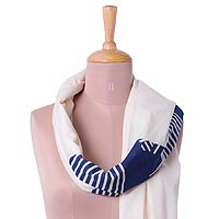Cotton scarf, 'Alabaster Whisper' - 100% Cotton Alabaster and Navy Wrap Scarf from India