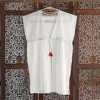 Cotton Caftan, 'Lively Stripes' - Hand Woven Cotton Sleeveless White Striped Caftan