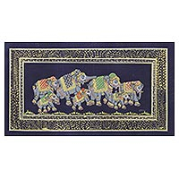Miniature painting Blue Night Royal Elephant Herd India