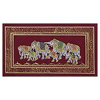 Miniature painting Burgundy Royal Elephant Herd India