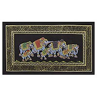 Miniature painting Black Royal Elephant Herd India