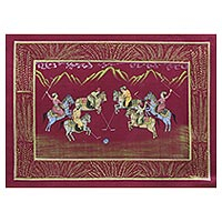 Miniature painting Polo on Burgundy India