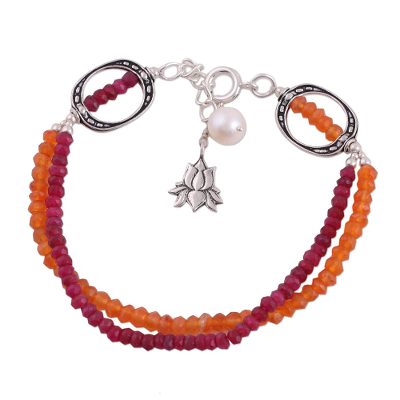 Multi-gemstone beaded bracelet, 'Lotus Fire' - Carnelian Ruby and Cultured Pearl Bracelet from India