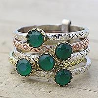 Green onyx multi-stone ring, 'Alluring Globes in Green' - Green Onyx and Sterling Silver Ring from India