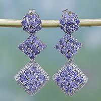 Rhodium plated tanzanite dangle earrings,