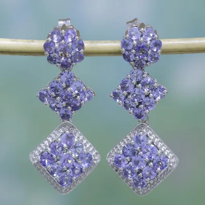 Rhodium plated tanzanite dangle earrings, Regal Sparkle