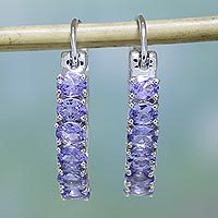 Rhodium plated tanzanite hoop earrings,