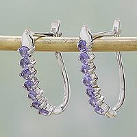 Rhodium plated tanzanite hoop earrings,