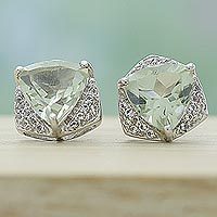 Rhodium plated prasiolite and topaz stud earrings,
