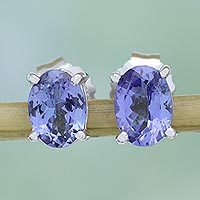 Rhodium plated tanzanite stud earrings,