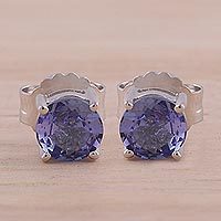Rhodium plated tanzanite stud earrings,