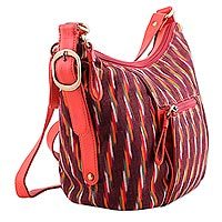 Leather accent ikat cotton hobo handbag,