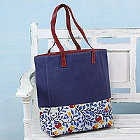 Leather accent batik cotton tote bag Summer Blue India