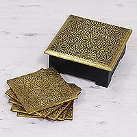 Embossed brass coasters and holder Starry Garden set of 5 India