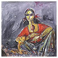 'Song for the Snake' - Signed Expressionist Painting of an Indian Snake Charmer