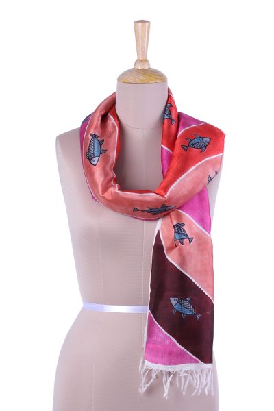 Hand painted silk scarf, Macher Biye in Pink