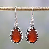 Carnelian dangle earrings, 'Firelight' - Carnelian and Sterling Silver Dangle Earrings from India