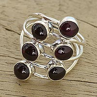 Garnet cocktail ring, 'Red Seeds' - Garnet and Sterling Silver Cocktail Ring from India