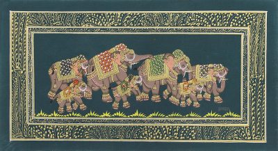 Miniature painting, Deep Green Royal Elephant Herd