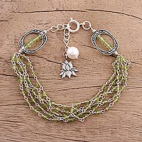 Peridot and cultured pearl beaded bracelet, 'Lotus Beauty' - Peridot and Cultured Pearl Beaded Bracelet from India