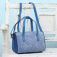 Leather accent cotton handle handbag Stylish Blue India