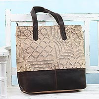 Leather accent cotton tote bag Beige Web India